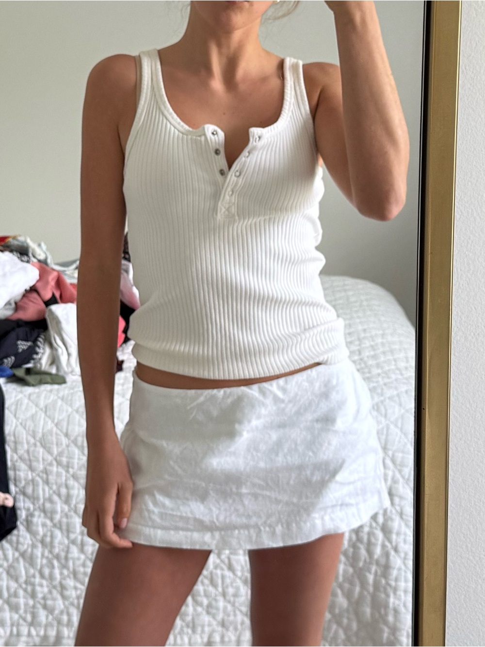 NSF White Ribbed Henley Tank Top